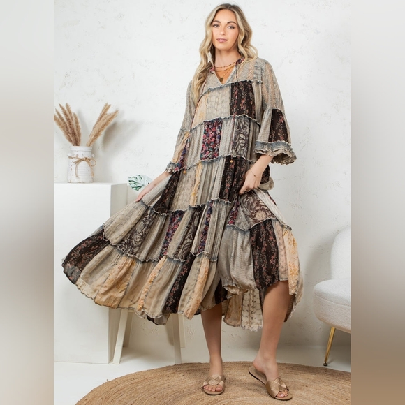 Young Threads Dresses & Skirts - Patchwork Boho Maxi Dress in Beige and Black